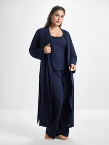 Slumbrini 3pcs Women Plus Size Solid Color Casual Knit Tank Top, Pants And Robe Set Plus Size Loungewear Set PJS With Robe Women Lounge Wear Sets Sleepwear - Navy Blue - View 8