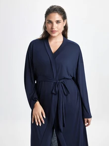 Slumbrini 3pcs Women Plus Size Solid Color Casual Knit Tank Top, Pants And Robe Set Plus Size Loungewear Set PJS With Robe Women Lounge Wear Sets Sleepwear - Navy Blue - View 9