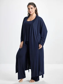 Slumbrini 3pcs Women Plus Size Solid Color Casual Knit Tank Top, Pants And Robe Set Plus Size Loungewear Set PJS With Robe Women Lounge Wear Sets Sleepwear - Navy Blue - View 7