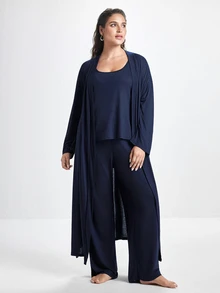 Slumbrini 3pcs Women Plus Size Solid Color Casual Knit Tank Top, Pants And Robe Set Plus Size Loungewear Set PJS With Robe Women Lounge Wear Sets Sleepwear - Navy Blue - View 5