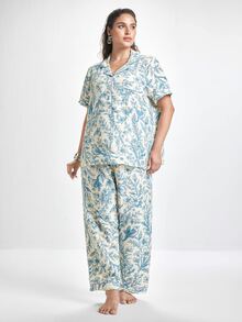 Slumbrini Plus Size Floral & Bird Print Ruffle Collar Pajama Set For Women - Blue - View 4