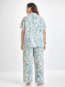 Slumbrini Plus Size Floral & Bird Print Ruffle Collar Pajama Set For Women - Blue - View 2