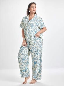 Slumbrini Plus Size Floral & Bird Print Ruffle Collar Pajama Set For Women - Blue - View 6