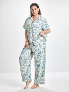 Slumbrini Plus Size Floral & Bird Print Ruffle Collar Pajama Set For Women - Blue - View 5