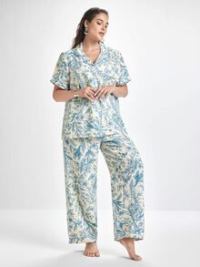 Slumbrini Plus Size Floral & Bird Print Ruffle Collar Pajama Set For Women - Blue - View 7