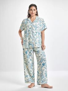 Slumbrini Plus Size Floral & Bird Print Ruffle Collar Pajama Set For Women - Blue - View 1
