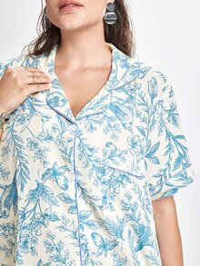 Slumbrini Plus Size Floral & Bird Print Ruffle Collar Pajama Set For Women - Blue - View 8