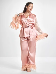 Slumbrini Plus Size Satin Pajama Set, Cute Heart Lace Trim Fluffy Sleeve Splice Luxury Short Robe, Satin Pants Set - Pink - View 4