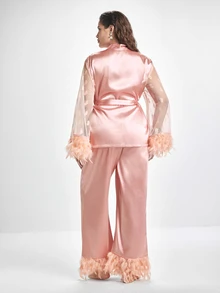 Slumbrini Plus Size Satin Pajama Set, Cute Heart Lace Trim Fluffy Sleeve Splice Luxury Short Robe, Satin Pants Set - Pink - View 2
