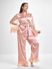 Slumbrini Plus Size Satin Pajama Set, Cute Heart Lace Trim Fluffy Sleeve Splice Luxury Short Robe, Satin Pants Set - Pink - View 6