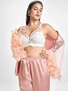 Slumbrini Plus Size Satin Pajama Set, Cute Heart Lace Trim Fluffy Sleeve Splice Luxury Short Robe, Satin Pants Set - Pink - View 8