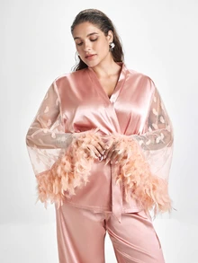 Slumbrini Plus Size Satin Pajama Set, Cute Heart Lace Trim Fluffy Sleeve Splice Luxury Short Robe, Satin Pants Set - Pink - View 7