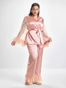 Slumbrini Plus Size Satin Pajama Set, Cute Heart Lace Trim Fluffy Sleeve Splice Luxury Short Robe, Satin Pants Set - Pink - View 5