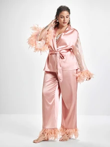 Slumbrini Plus Size Satin Pajama Set, Cute Heart Lace Trim Fluffy Sleeve Splice Luxury Short Robe, Satin Pants Set - Pink - View 1