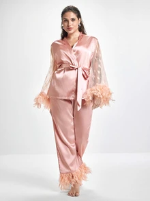 Slumbrini Plus Size Satin Pajama Set, Cute Heart Lace Trim Fluffy Sleeve Splice Luxury Short Robe, Satin Pants Set - Pink - View 3