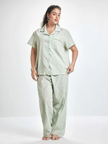 Slumbrini Plus Size Pure Cotton Jacquard Fabric Light Green Cute Elegant Casual Lapel Short Sleeve Long Pants Pajama Set - Green - View 4