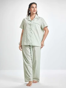 Slumbrini Plus Size Pure Cotton Jacquard Fabric Light Green Cute Elegant Casual Lapel Short Sleeve Long Pants Pajama Set - Green - View 3