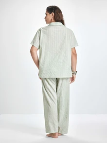 Slumbrini Plus Size Pure Cotton Jacquard Fabric Light Green Cute Elegant Casual Lapel Short Sleeve Long Pants Pajama Set - Green - View 2