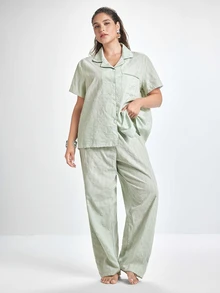 Slumbrini Plus Size Pure Cotton Jacquard Fabric Light Green Cute Elegant Casual Lapel Short Sleeve Long Pants Pajama Set - Green - View 5