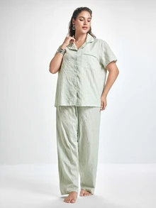 Slumbrini Plus Size Pure Cotton Jacquard Fabric Light Green Cute Elegant Casual Lapel Short Sleeve Long Pants Pajama Set - Green - View 7