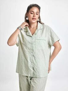 Slumbrini Plus Size Pure Cotton Jacquard Fabric Light Green Cute Elegant Casual Lapel Short Sleeve Long Pants Pajama Set - Green - View 8