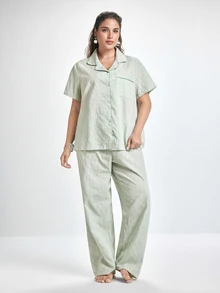 Slumbrini Plus Size Pure Cotton Jacquard Fabric Light Green Cute Elegant Casual Lapel Short Sleeve Long Pants Pajama Set - Green - View 1