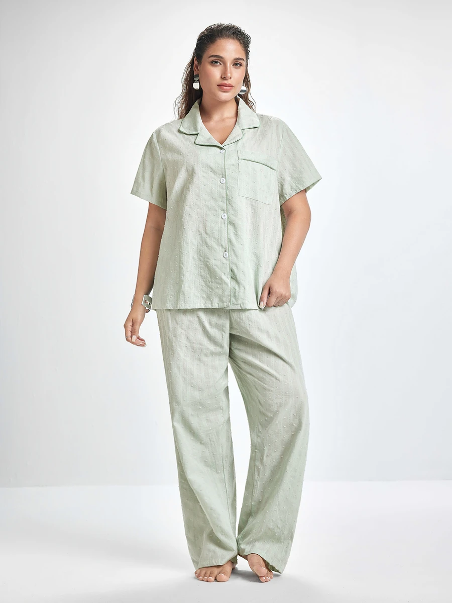 Slumbrini Plus Size Pure Cotton Jacquard Fabric Light Green Cute Elegant Casual Lapel Short Sleeve Long Pants Pajama Set - Green - View 1