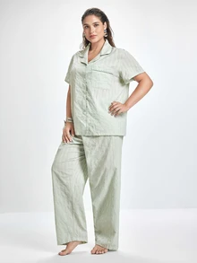 Slumbrini Plus Size Pure Cotton Jacquard Fabric Light Green Cute Elegant Casual Lapel Short Sleeve Long Pants Pajama Set - Green - View 6
