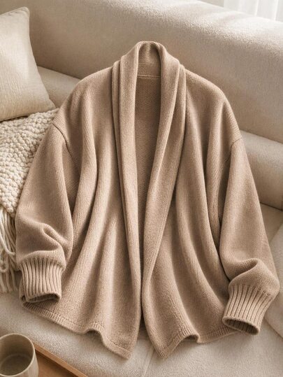 Shapeblank Plus-Size Women's Autumn/Winter Casual Soft Form Loose Warm Comfortable Everyday Basic Versatile Slimming Beige Cardigan, Outfit Homewear Vacation