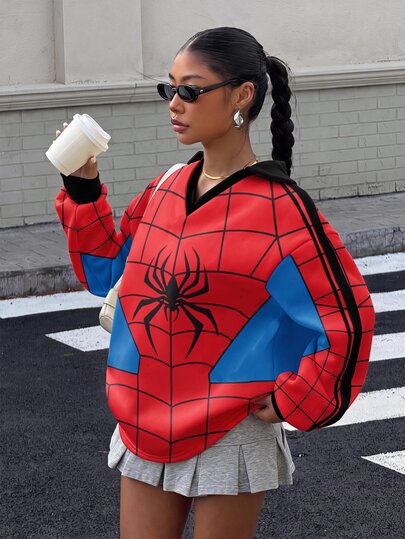 Muchica Women's Red Spider Print Loose Polo Collar Long Sleeve Pullover Sweatshirt, Suitable For Halloween, Movie Dates, Friends Gatherings And Other Occasions. Polo Collar Long Sleeve Loose Sweatshirt With Thick Material, Suitable For Autumn/Winter Thickened Sweatshirt