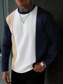 EGENSIO Men's Colorblock Casual Versatile Daily Long Sleeve T-Shirt - Navy Blue - View 1