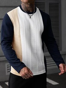 EGENSIO Men's Colorblock Casual Versatile Daily Long Sleeve T-Shirt - Navy Blue - View 4
