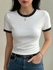DAZY Solid Color Round Neck Fitted Short Sleeve Base Layer Women's T-Shirt Summer - White - View 2