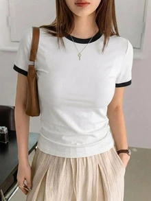 DAZY Solid Color Round Neck Fitted Short Sleeve Base Layer Women's T-Shirt Summer - White - View 4