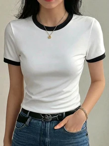 DAZY Solid Color Round Neck Fitted Short Sleeve Base Layer Women's T-Shirt Summer - White - View 3