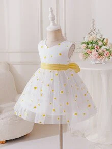 SHEIN Glamorique Kids 女嬰優雅雛菊網紗無袖花童派對生日禮服，白色花卉夏季休閒蓬蓬紗裙婚禮芭蕾裙，秋冬款 - 黃色 - 查看 3