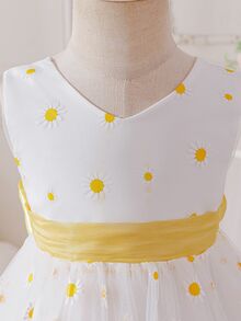 SHEIN Glamorique Kids 女嬰優雅雛菊網紗無袖花童派對生日禮服，白色花卉夏季休閒蓬蓬紗裙婚禮芭蕾裙，秋冬款 - 黃色 - 查看 8
