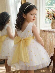 SHEIN Glamorique Kids 女嬰優雅雛菊網紗無袖花童派對生日禮服，白色花卉夏季休閒蓬蓬紗裙婚禮芭蕾裙，秋冬款 - 黃色 - 查看 4