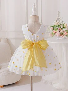 SHEIN Glamorique Kids 女嬰優雅雛菊網紗無袖花童派對生日禮服，白色花卉夏季休閒蓬蓬紗裙婚禮芭蕾裙，秋冬款 - 黃色 - 查看 5
