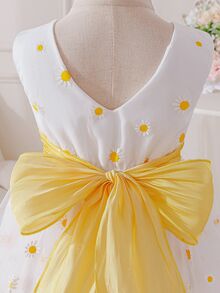 SHEIN Glamorique Kids 女嬰優雅雛菊網紗無袖花童派對生日禮服，白色花卉夏季休閒蓬蓬紗裙婚禮芭蕾裙，秋冬款 - 黃色 - 查看 9