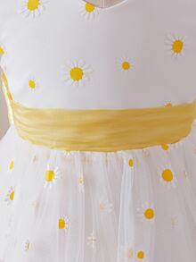 SHEIN Glamorique Kids 女嬰優雅雛菊網紗無袖花童派對生日禮服，白色花卉夏季休閒蓬蓬紗裙婚禮芭蕾裙，秋冬款 - 黃色 - 查看 10
