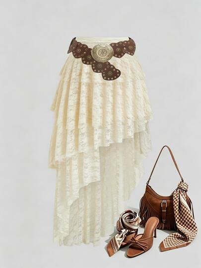 Sweetra Plus Size Women's Apricot Lace Minimalist Sexy Style High Waist Multi-Layer Cake Skirt With Asymmetrical Hemline Front Short Back Long Sweet Elegant Short Lace Skirt Plus Size Women's Daily Date Casual Gentle Lace Skirt