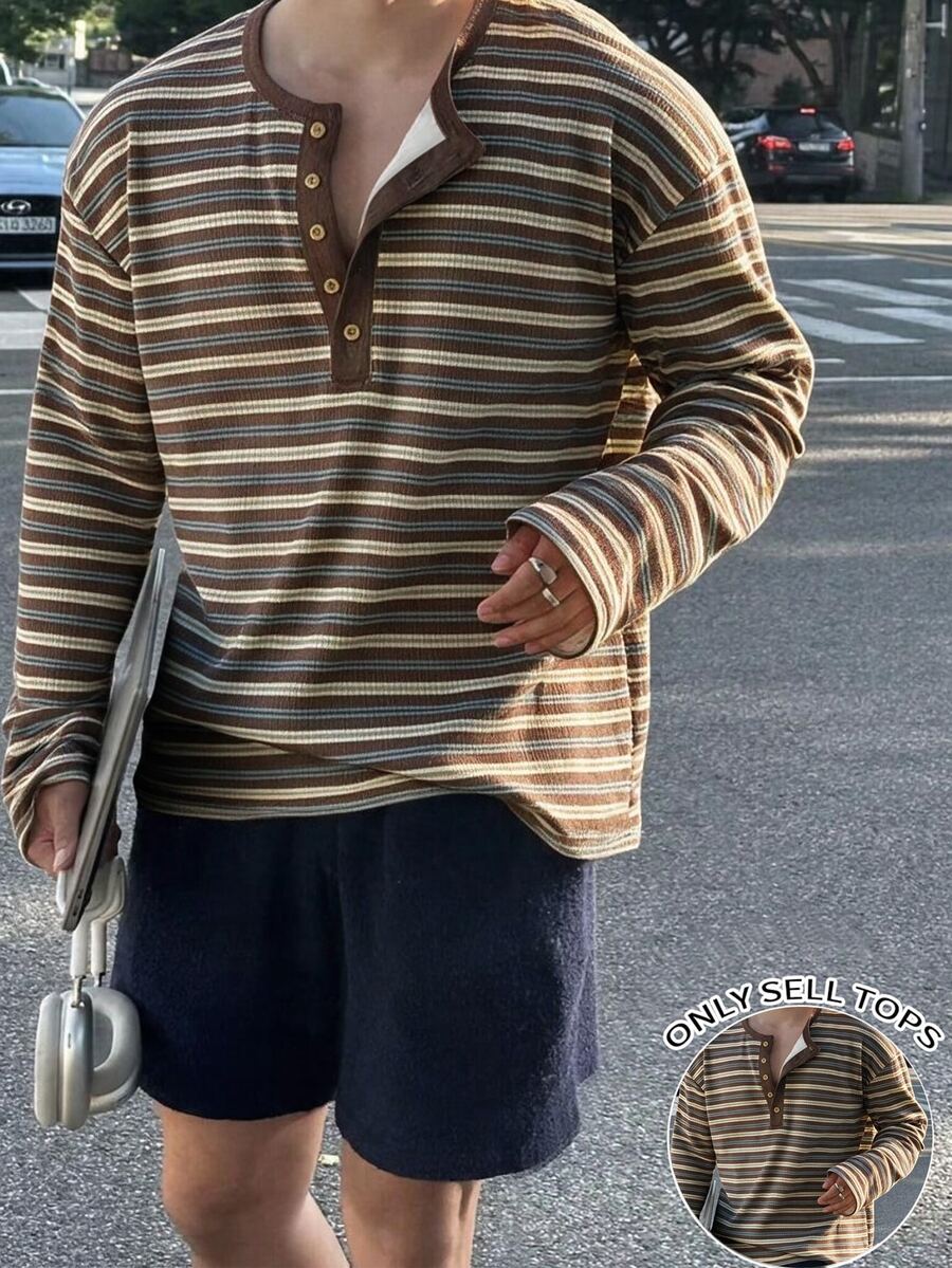 Rovax 男士休閒條紋長袖T恤,秋季 - 白色 - 查看 1