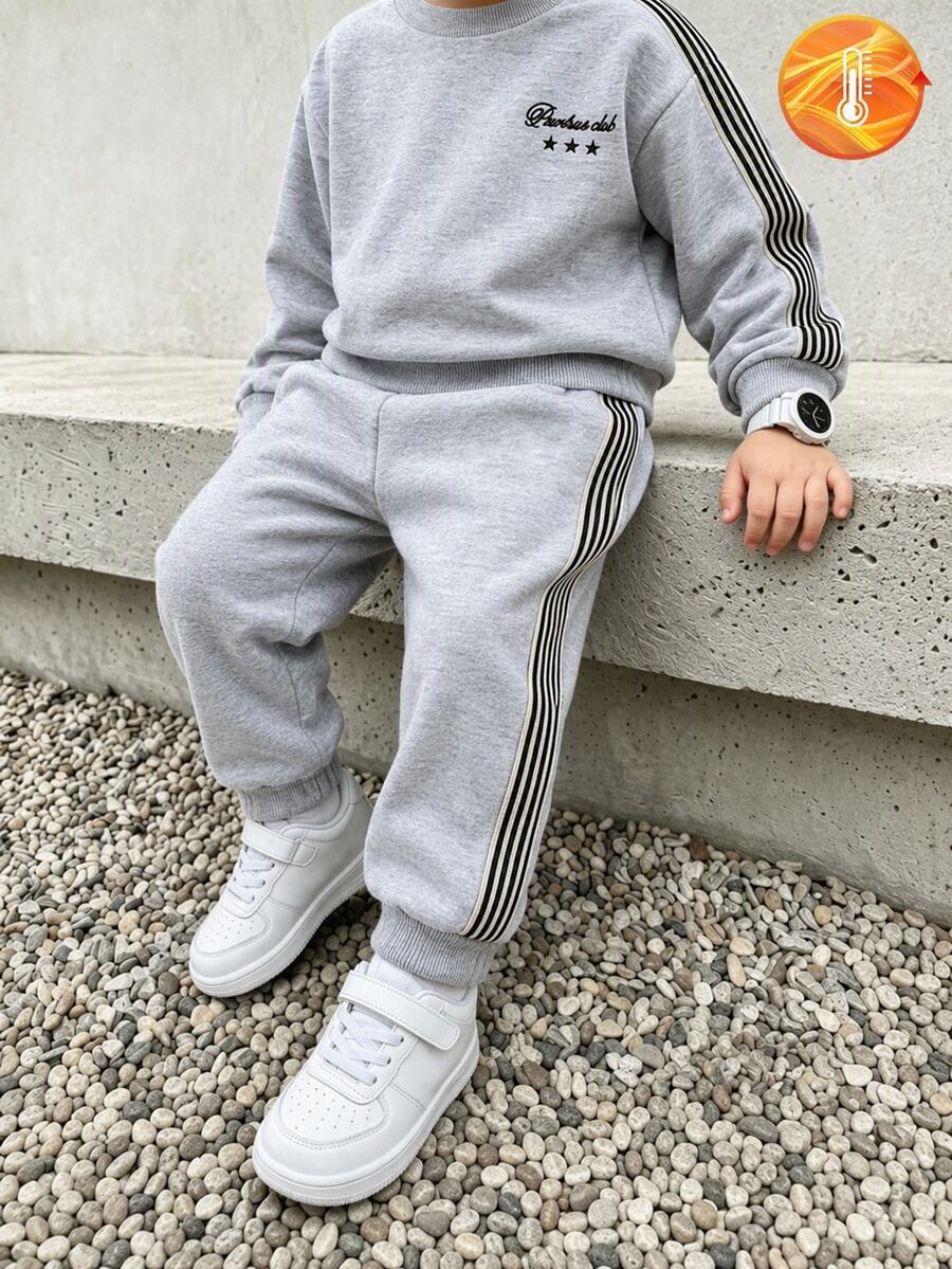 SHEIN Playful Pals 2pcs Toddler Boy Sweatshirt Joggers Cute Grey Letter Embroidery Stripe Long Sleeve Round Neck Thick School Winter Cargo Jogging Birthday Boy Rib Knit