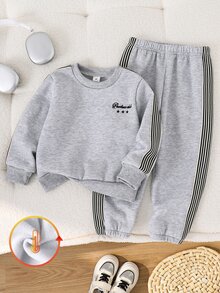 SHEIN Playful Pals 2pcs Toddler Boy Sweatshirt Joggers Cute Grey Letter Embroidery Stripe Long Sleeve Round Neck Thick School Winter Cargo Jogging Birthday Boy Rib Knit - Grey - View 4