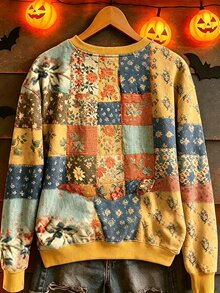 SHEIN LUNE 女款萬聖節可愛蝙蝠圖案衛衣，復古花卉拼接長袖圓領套頭衫，休閒秋冬寬鬆上衣 - 彩色 - 查看 2