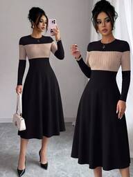 Elenzga Rochie tricotată casual elegantă pentru femei, cu guler rotund, mânecă lungă și culori contrastante, esențială pentru purtare în aer liber, potrivită pentru navetă și ținute casual de birou, alegere elegantă de rochie de toamnă/iarnă pentru femei