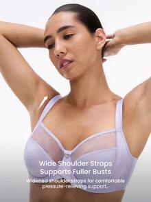 LUVLETTE Plus Unlined Full Coverage Side Support Purple Mesh Sheer Basic Breezy Comfort Minimizer Women Lingerie Intimates Bra - Lilac Purple - View 5