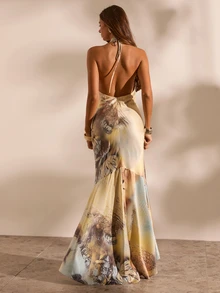 Opulessa Gaun Liburan Wanita Motif Singa dengan Tali Leher Model Halter - Kuning - View 3
