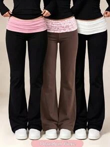 SHEIN Kids Tween Girls Brown Polka Dot Knitted Slim Fit Ruched Waist Bow Decor Long Pants - Multicolor - View 2
